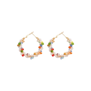 Bohemian gold hoop earrings with white pearls and colorful faceted crystal beads