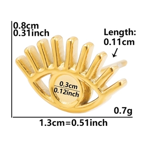 Detail of gold evil eye stud earring with precise dimensions and weight measurements