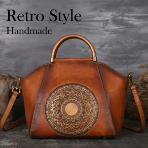 Retro echtes Leder Umhängetasche mit geschnitztem Mandala Muster und stabilem Metallgriff.