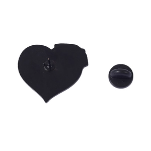 Detail of heart enamel pin back with matte black finish and rubber butterfly clutch