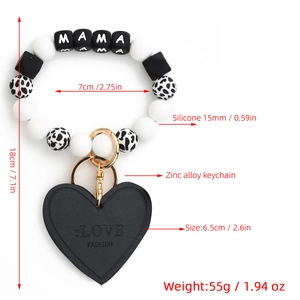 Silicone bead keychain bracelet with MAMA cubes, leopard print, and heart leather tag