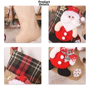 Detailed view of rustic burlap Christmas stocking with 3D Santa Claus and plaid accents