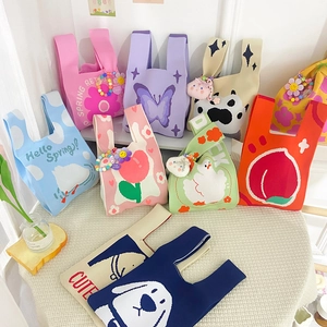 Knitted Handbag Polyester Knit Cute Cartoon Flower Animal Pattern Small Tote Bag Sweet Korean Style Women