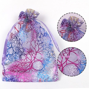Purple drawstring organza gift bag with colorful coral branch prints for jewelry and candy