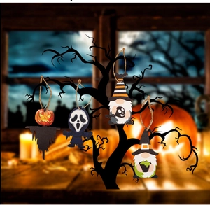 Halloween wooden hanging ornaments featuring ghost, pumpkin and gnome on black branches