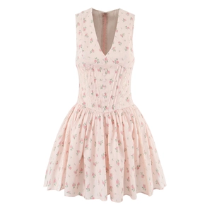 Pink floral sleeveless summer dress with V-neck, cinched waist and tiered skirt