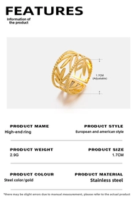 Detail view of adjustable hollow leaf ring in stainless steel with size measurements