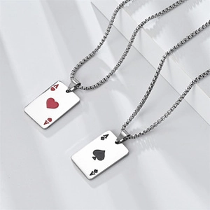 Minimalist stainless steel couple necklaces with Ace of Hearts and Spades poker pendants