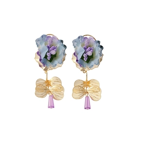 Elegant fabric flower earrings with gold butterfly detail and purple crystal drops