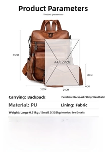 Detailed dimensions of the retro brown PU leather backpack and matching small clutch bag