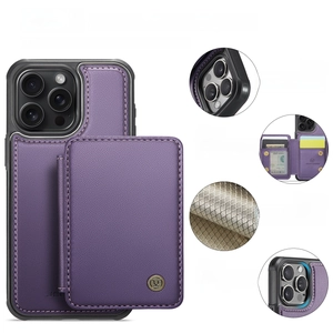 Purple leather case with RFID card holder showing camera and bumper protection detail