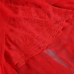 Détail de la bordure en dentelle florale rouge et maille transparente sur la robe