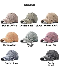 Color display of washed denim baseball caps with vintage distressed finish and curved brims