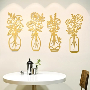 Juego de 4 decoraciones de pared de jarrones de flores en metal dorado estilo moderno