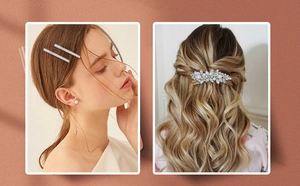 Detail of silver rhinestone hair clips and pearl spring barrette set on model hair