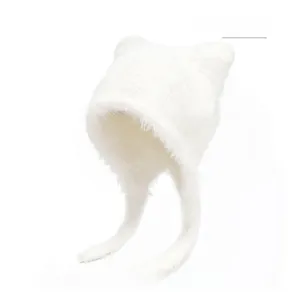 Detail of off-white knit trapper hat with fuzzy cat ears and warm ear flaps