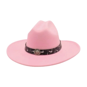 Detail of pink wool fedora with lion head silver emblem and patterned decorative band