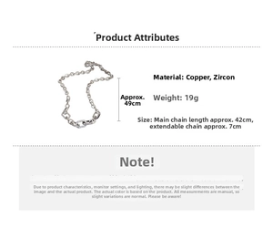 Detail view showing dimensions of zircon geometric necklace with 42cm length and 7cm extension