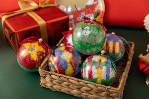 Close-up of festive Christmas socks in decorative clear bauble packaging with ribbons