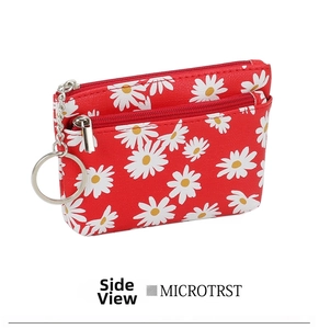 Detail of red daisy coin purse with cross pattern PU leather and double zippers