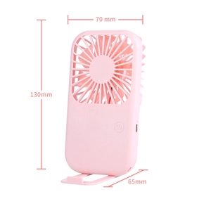 Detailed size chart showing 130mm height and 70mm width of pink mini handheld fan