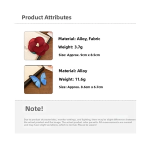 Detail showing weight and dimensions of the fabric flower and butterfly hair clips