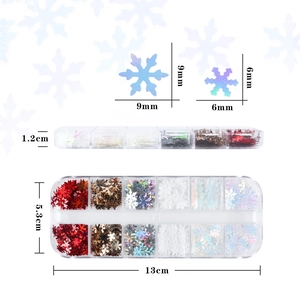 12-grid Christmas snowflake nail sequins box with assorted colors and dimension details