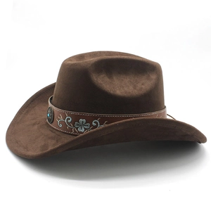 Vintage brown suede western cowboy hat with decorative blue floral leather band