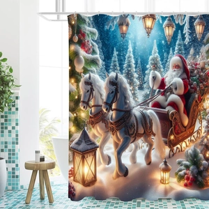 Christmas shower curtain featuring Santa Claus on a horse-drawn sleigh in snowy forest