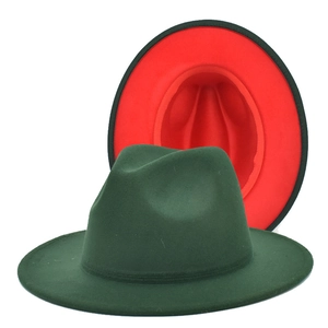 Two-tone fedora hat in dark green and red with wide brim and wool-like texture