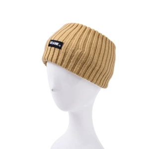 Knitted wide sports headband in khaki ribbed wool with a stylish brand logo tag