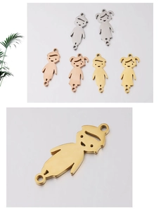 Polished boy and girl shaped charms in gold, silver, and rose gold stainless steel