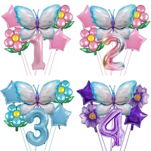 Butterfly Number Balloon Set 40 Inch Aluminum Foil Balloon Kit For Kids Birthday Party Decoration Flower Star Balloons