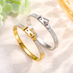 Luxe 18K gold and silver plated stainless steel belt buckle bracelets with pavé diamonds