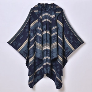 Ethnic style hooded poncho for women with blue geometric animal jacquard knit patterns