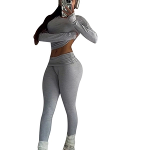 Women's grey raglan sleeve long sleeve crop top and high waist yoga pants set
