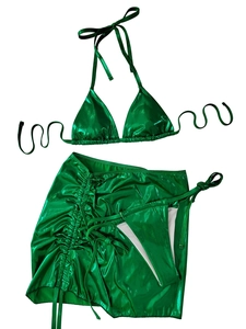 Three-piece metallic emerald green bikini set with halter top and drawstring mini skirt