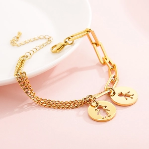 Gold stainless steel link chain bracelet with hollow circular girl silhouette charms