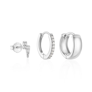 Macro detail of S925 sterling silver earring set with lightning bolt and zircon hoops