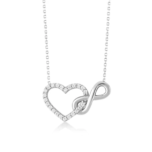 Detail view of interlocking S925 silver heart and infinity symbol pendant with pavé crystals