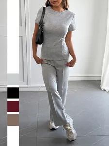 Women Round Neck Short Sleeve T-Shirt And Wide Leg Pants Casual Lounge Outfit Vertical Seam Comfort Wear