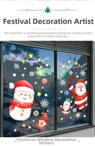 Detailed view of Santa and Snowman static window decals on glass with winter background