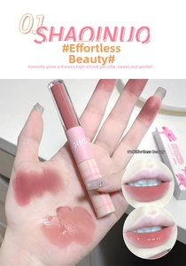 Detailed dual-ended lip glaze swatches in soft dusty rose with matte and glossy finish