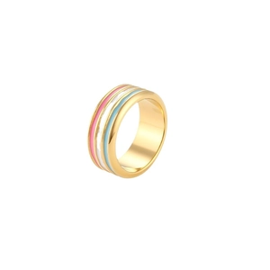 Gold-plated stainless steel band ring featuring colorful pink, white, and blue enamel stripes
