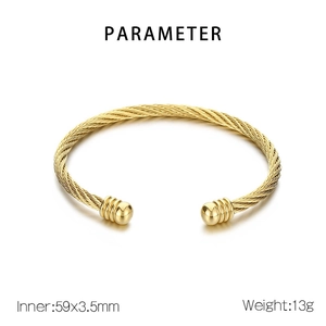 Gold cable wire bracelet with bead ends showing size parameters 59x3.5mm and 13g weight
