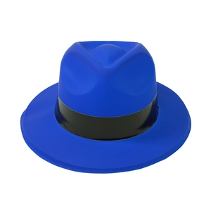 Classic royal blue fedora party hat with black satin band shown on white background