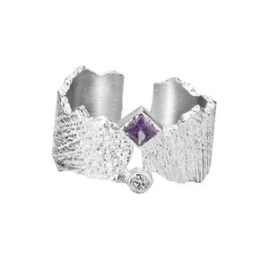 S925 silver open ring with irregular texture and square purple gemstone crystal