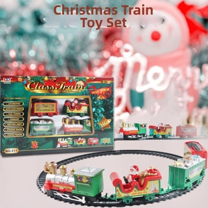 Detailed view of a 14-piece electric Christmas train set with engine and reindeer sleigh