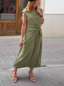 Elegant grass green sleeveless midi dress featuring a stylish waist knot and round neck