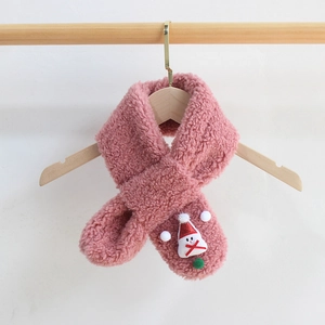 Pink plush Christmas scarf for kids featuring a snowman and pom-pom on a wooden hanger